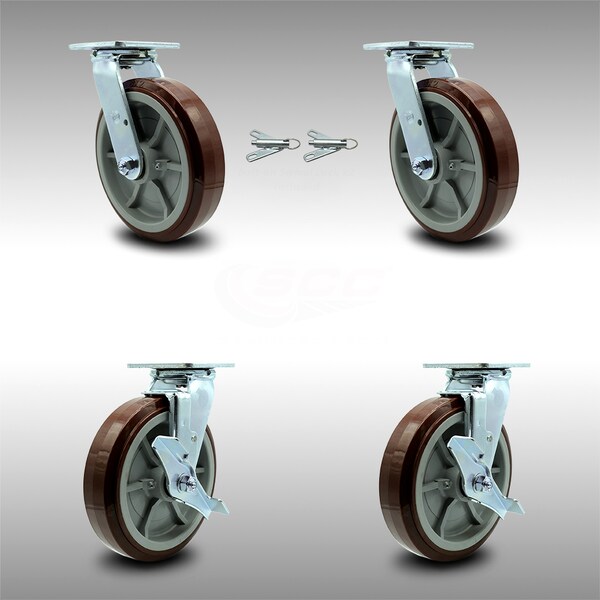 8 Inch SS Polyurethane Caster Set with Ball Bearings 2 Swivel Lock 2 Brake SCC